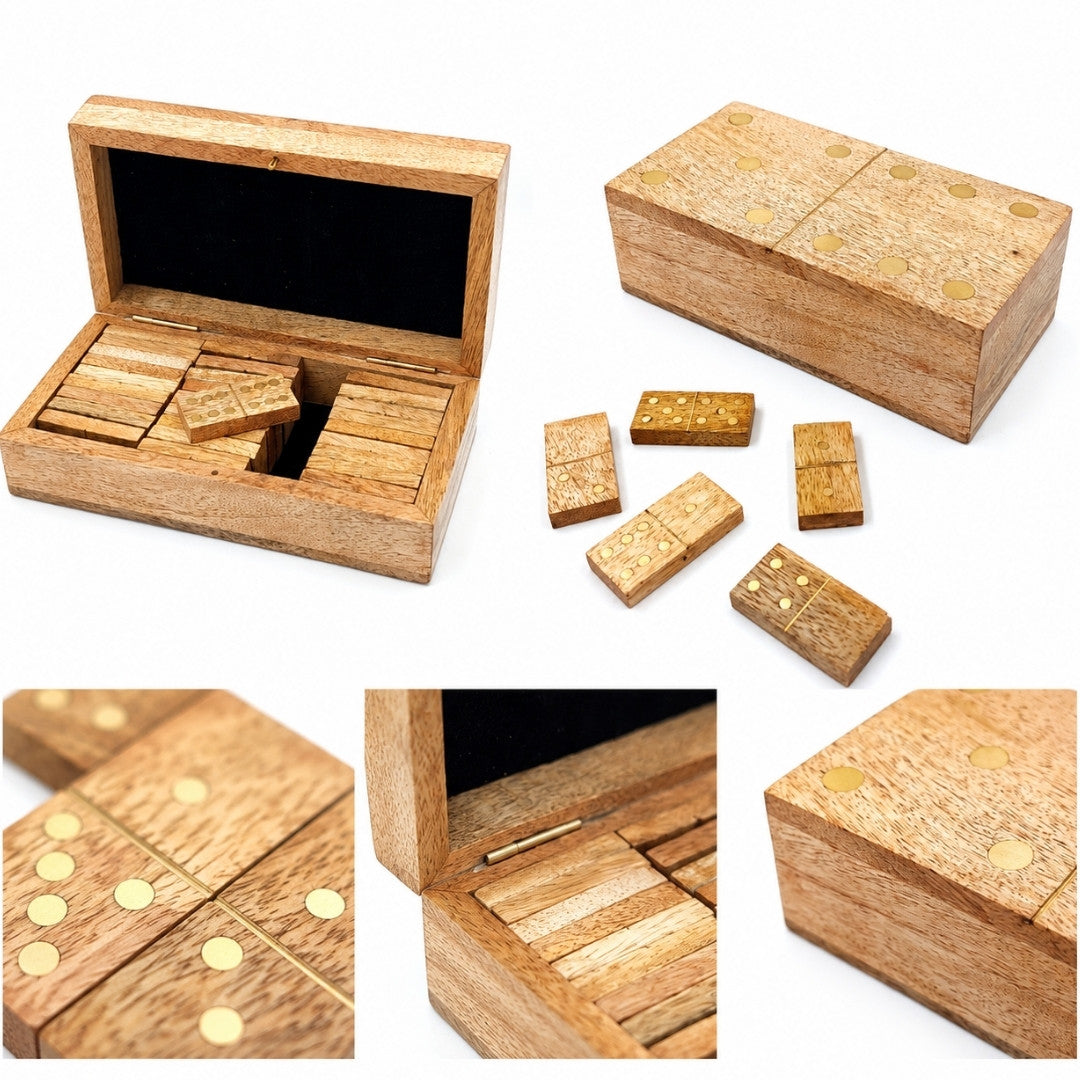 Dominó de madera de mango en caja con grabado - regalo personalizado para adultos, 28 fichas, adornos de latón, dimensiones de la caja 15 x 8 x 4,5 cm