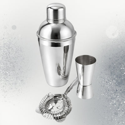 Set de Bar Steel 3 Piezas con Posibilidad de Personalización con Grabado - Coctelera 750 ml, Medidor 15/30 ml, Colador - Regalo Elegante para Amantes de los Cócteles, Acero Inoxidable, Color Plateado