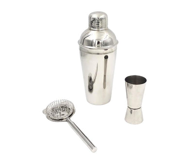 Set de Bar Steel 3 Piezas con Posibilidad de Personalización con Grabado - Coctelera 750 ml, Medidor 15/30 ml, Colador - Regalo Elegante para Amantes de los Cócteles, Acero Inoxidable, Color Plateado