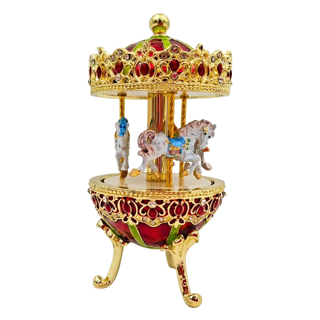 Caja de Música Carrusel con Grabado - Decoración Elegante en Dorado y Rojo, 14 cm