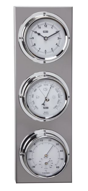 Elegante estación meteorológica exterior con reloj y grabado