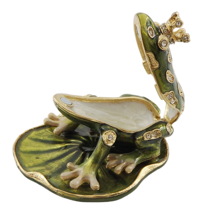 Exclusiva caja metálica en forma de rana con cristales, verde oscuro y dorado, posibilidad de personalización con grabado, ideal para regalo, dimensiones 6,5x6,7x4,5 cm