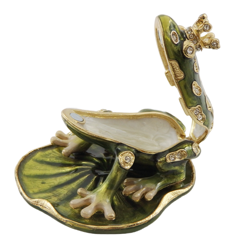 Exclusiva caja metálica en forma de rana con cristales, verde oscuro y dorado, posibilidad de personalización con grabado, ideal para regalo, dimensiones 6,5x6,7x4,5 cm