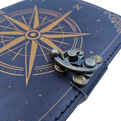 Cuaderno de cuero Rosa de los Vientos retro negro y dorado con grabado personalizado