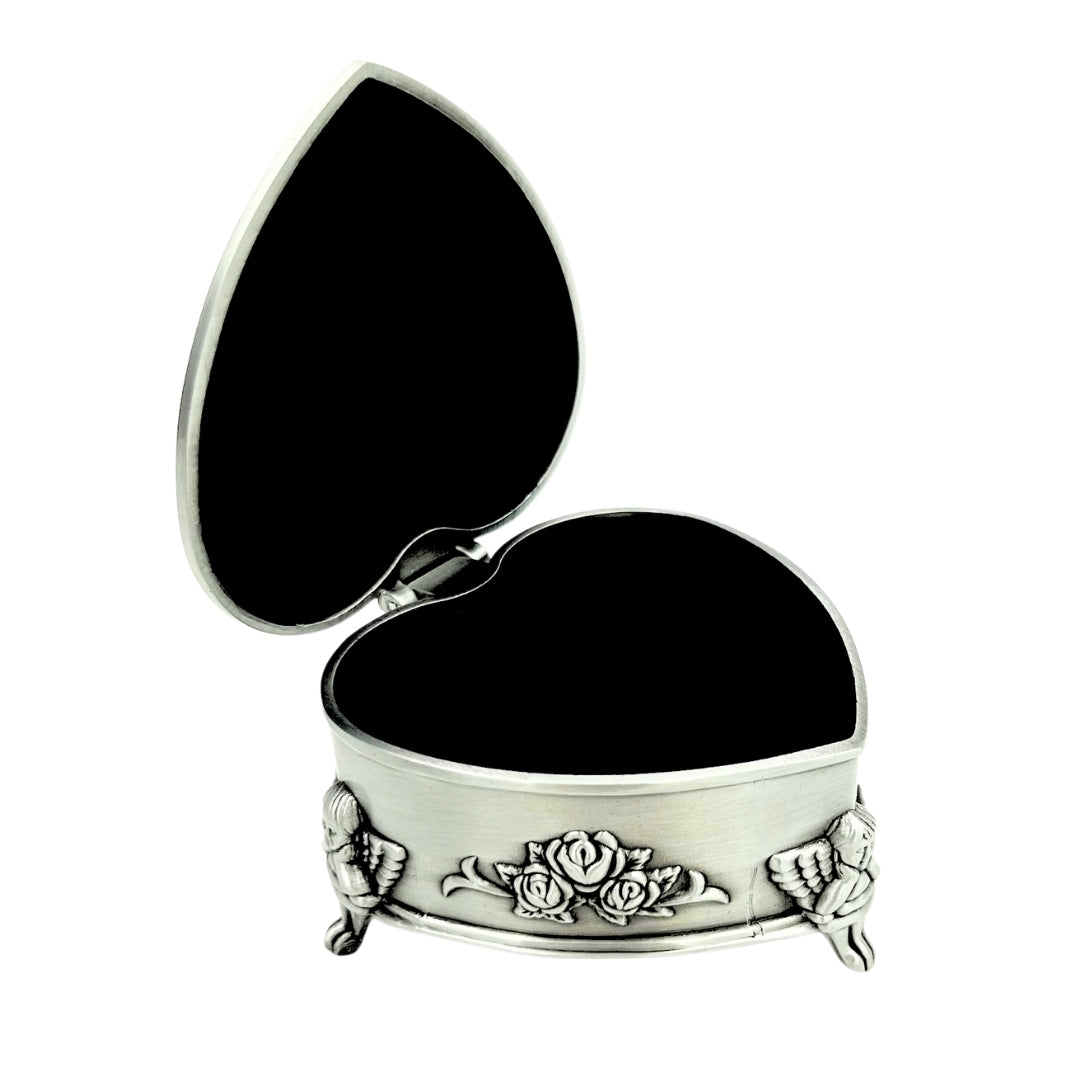 Caja metálica en forma de corazón con posibilidad de personalización mediante grabado – regalo elegante para San Valentín, aniversario o cumpleaños, decorada con motivo de rosa, dimensiones 8,7 x 8,4 x 5,1 cm