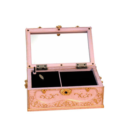 Caja de joyas con caja de música en color rosa con adornos dorados, posibilidad de grabado personalizado, ideal para regalo, dimensiones 18x11,8x11,8 cm