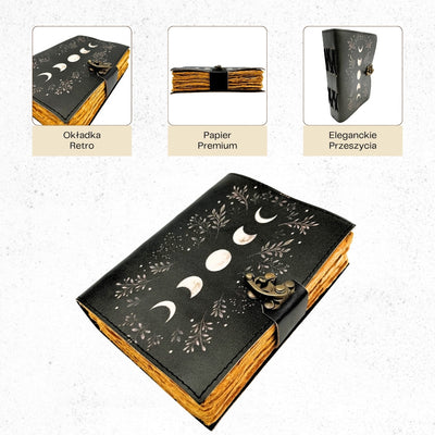 Cuaderno de Piel Retro con Fases de la Luna y Grabado
