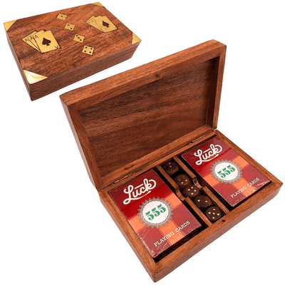 Elegante conjunto de juego con dos barajas de cartas y dados en caja de madera con adornos de latón - Grabado personalizado  