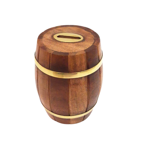 Hucha de madera barril con herrajes de latón