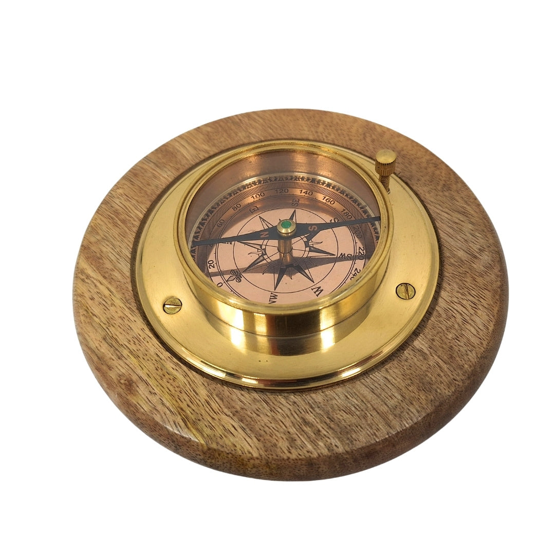 Elegante brújula decorativa con acabado de latón, grabado personalizado, 15 cm, ideal para regalo a amantes de los viajes, hecha de madera y vidrio