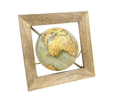 Globo Decorativo GLB-40 en Marco de Madera con Posibilidad de Personalización con Grabado, Mapa Azul y Amarillo, Diámetro 15 cm