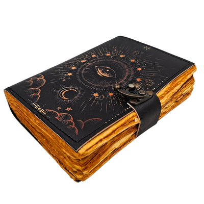 Cuaderno Ojo Cósmico con Grabado - Cuaderno de Piel Retro con 200 Páginas de Papel Amarillo de Piel de Cabra