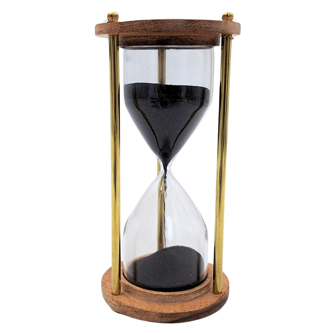 Reloj de arena de latón y madera de 5 minutos con grabado personalizado – elegante decoración retro para regalo – altura 15,5 cm, arena negra, latón y madera