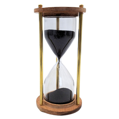 Reloj de arena de latón y madera de 5 minutos con grabado personalizado – elegante decoración retro para regalo – altura 15,5 cm, arena negra, latón y madera