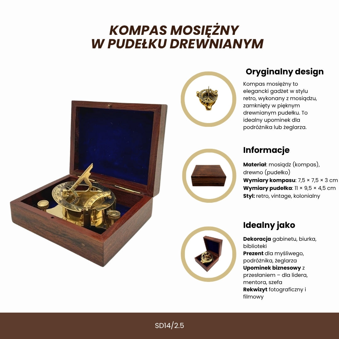 Brújula Dollond de latón en caja de madera con función de reloj de sol - ideal para regalo con opción de grabado - estilo antiguo, dimensiones 7,5 x 7,5 x 3 cm
