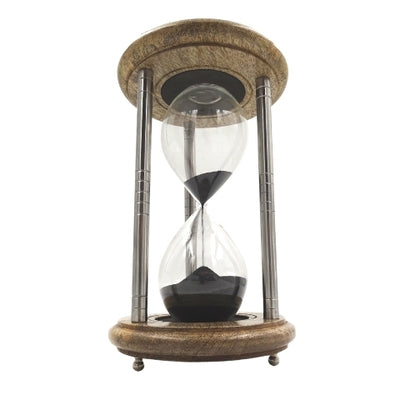Reloj de arena de latón y madera de 10 minutos con grabado - Regalo elegante en color negro, altura 25 cm, hecho de metal, vidrio y madera de mango