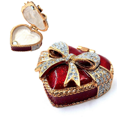Caja metálica para joyas en forma de corazón con cristales, rojo, dorado y plateado, posibilidad de personalización con grabado, ideal para regalo romántico, dimensiones 4,8 x 4 x 2,5 cm