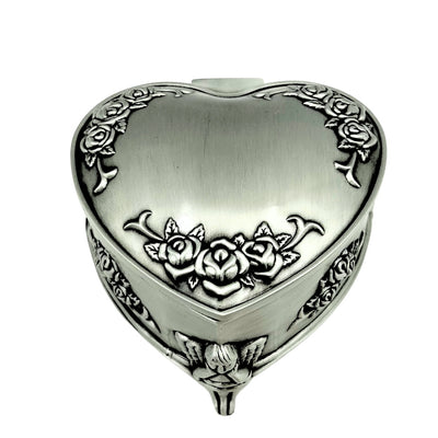 Caja metálica en forma de corazón con posibilidad de personalización mediante grabado – regalo elegante para San Valentín, aniversario o cumpleaños, decorada con motivo de rosa, dimensiones 8,7 x 8,4 x 5,1 cm