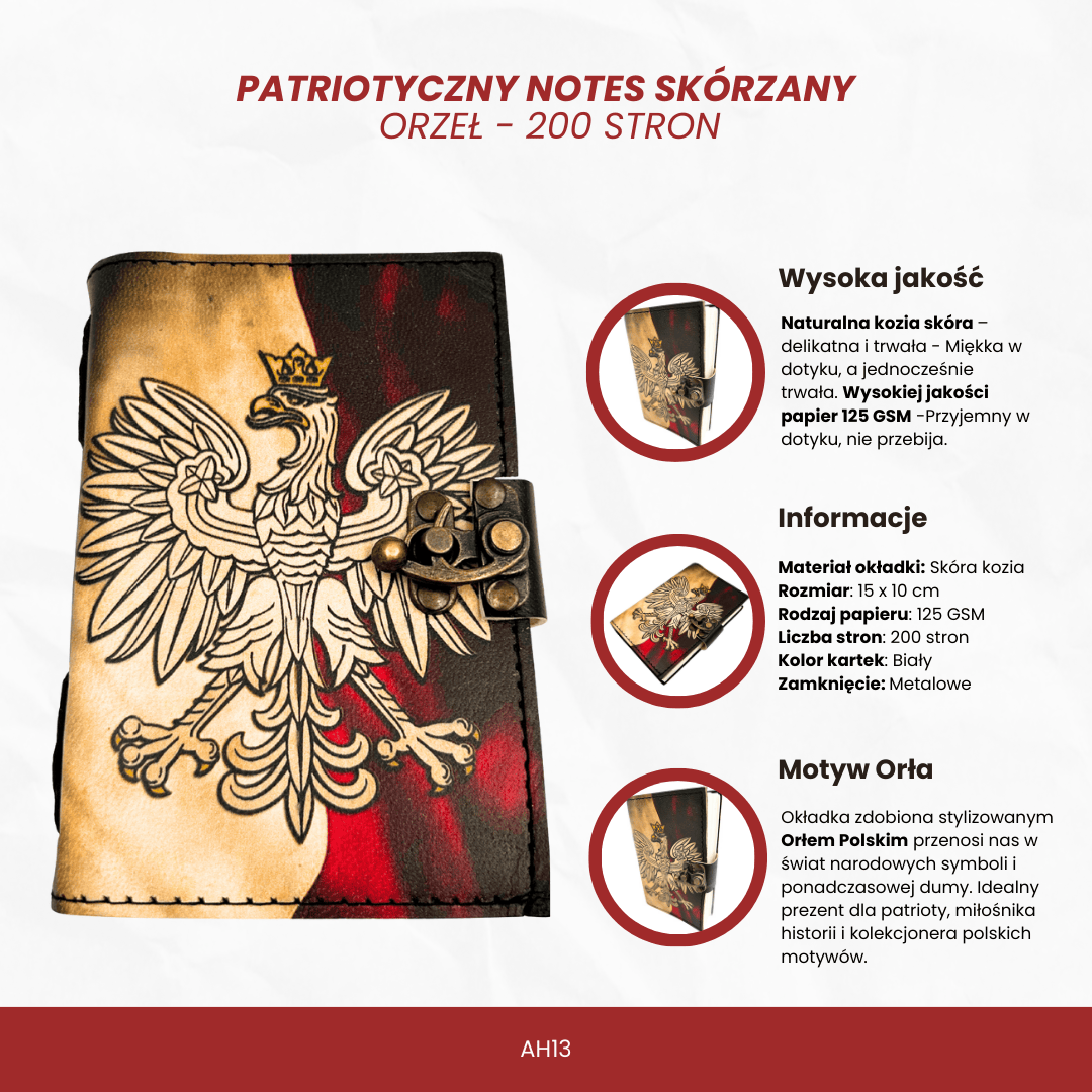 Cuaderno de cuero Diario Águila Polaca Patriótico con grabado