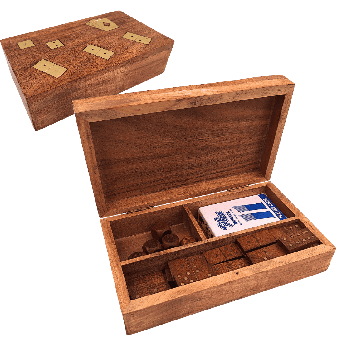 Set de juegos 3 en 1 en elegante caja de madera con posibilidad de personalización mediante grabado - Cartas, Dominó, Dados - Regalo ideal para amantes de juegos sociales - dimensiones: 22,5 x 13 x 6 cm, acacia con adornos de latón