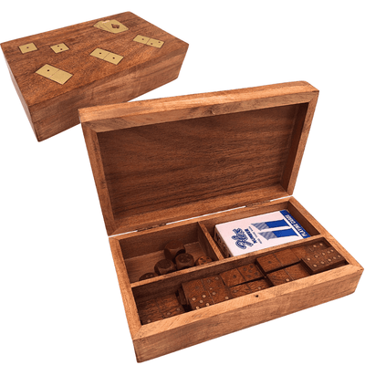 Set de juegos 3 en 1 en elegante caja de madera con posibilidad de personalización mediante grabado - Cartas, Dominó, Dados - Regalo ideal para amantes de juegos sociales - dimensiones: 22,5 x 13 x 6 cm, acacia con adornos de latón