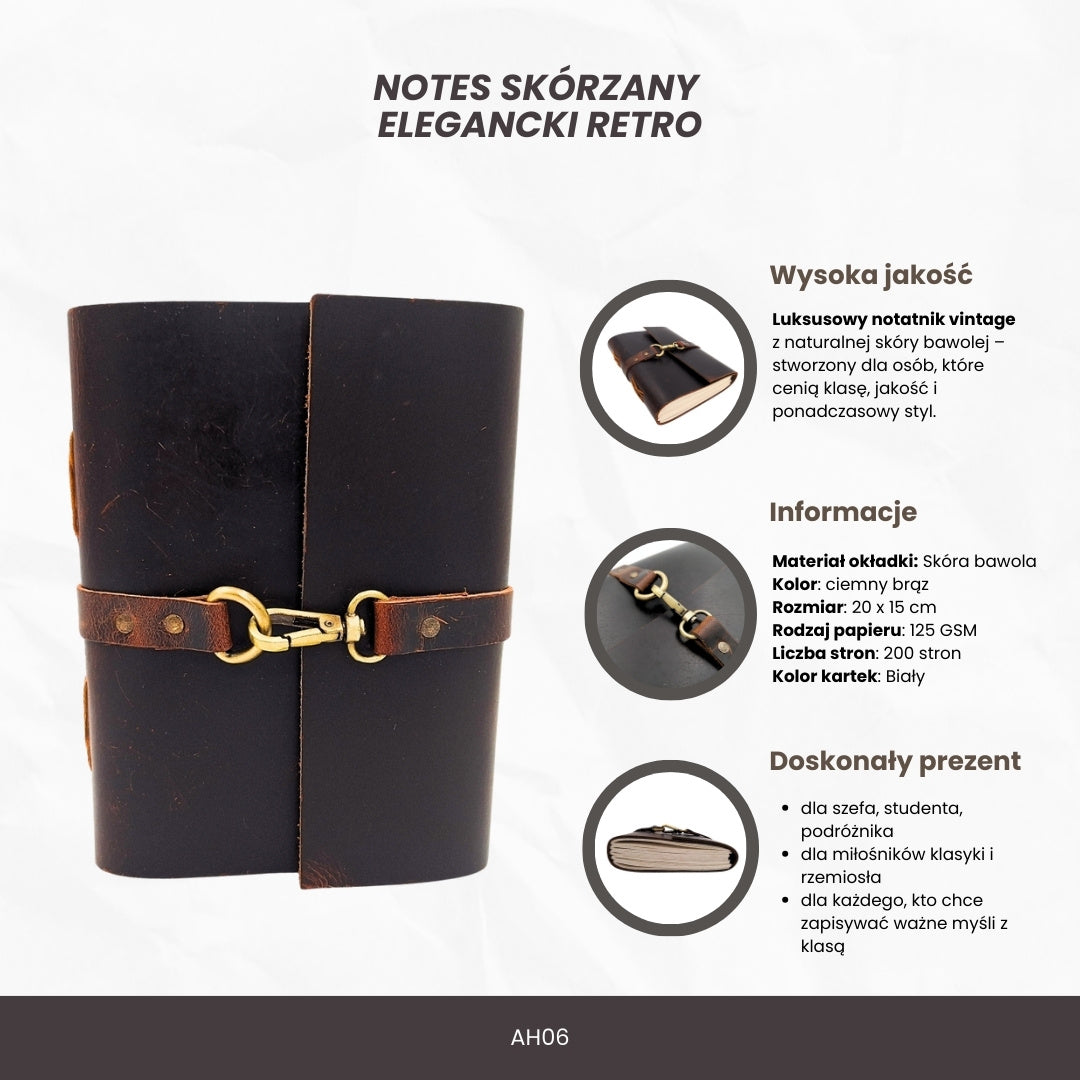 Elegante cuaderno de cuero retro vintage AH06 de 200 páginas con posibilidad de personalización con grabado
