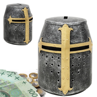 Hucha casco de caballero cruzado con personalización con grabado – regalo único estilo medieval, altura 10 cm, pintado a mano en poliresina
