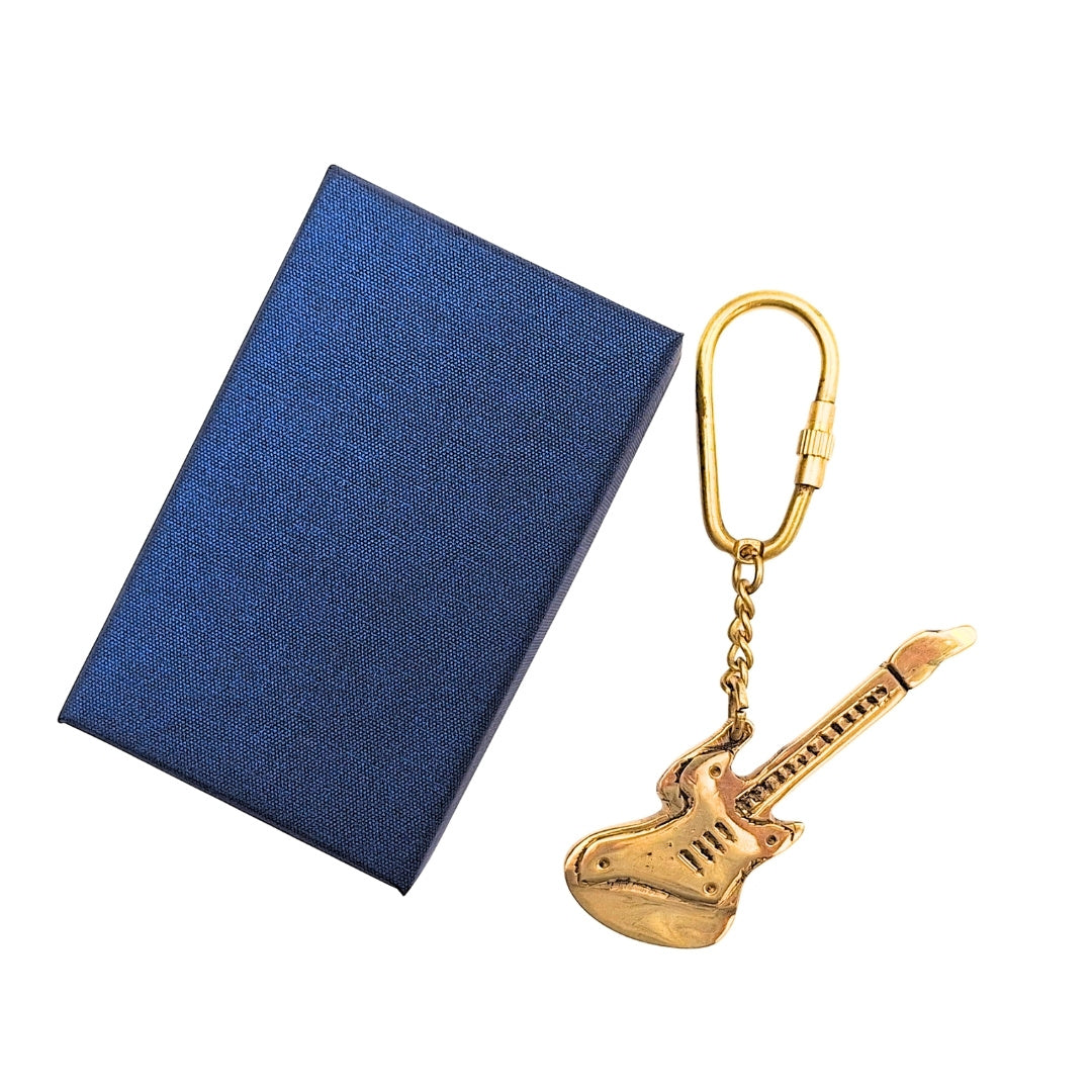Mosiężny Brelok do Kluczy w Kształcie Gitary z Możliwością Personalizacji Grawerem – Elegancki Prezent dla Gitarzysty i Miłośnika Muzyki, 10 cm, Granatowe Pudełko