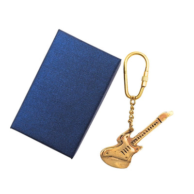Mosiężny Brelok do Kluczy w Kształcie Gitary z Możliwością Personalizacji Grawerem – Elegancki Prezent dla Gitarzysty i Miłośnika Muzyki, 10 cm, Granatowe Pudełko