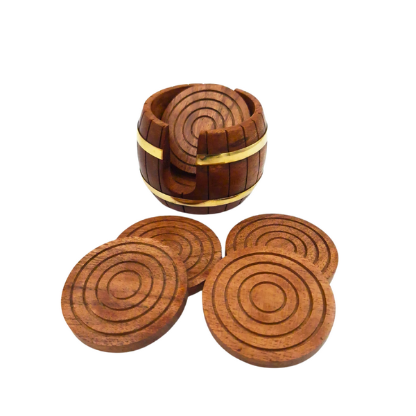 Posavasos de madera con grabado - Juego Barril con 6 posavasos y recipiente con adornos de latón