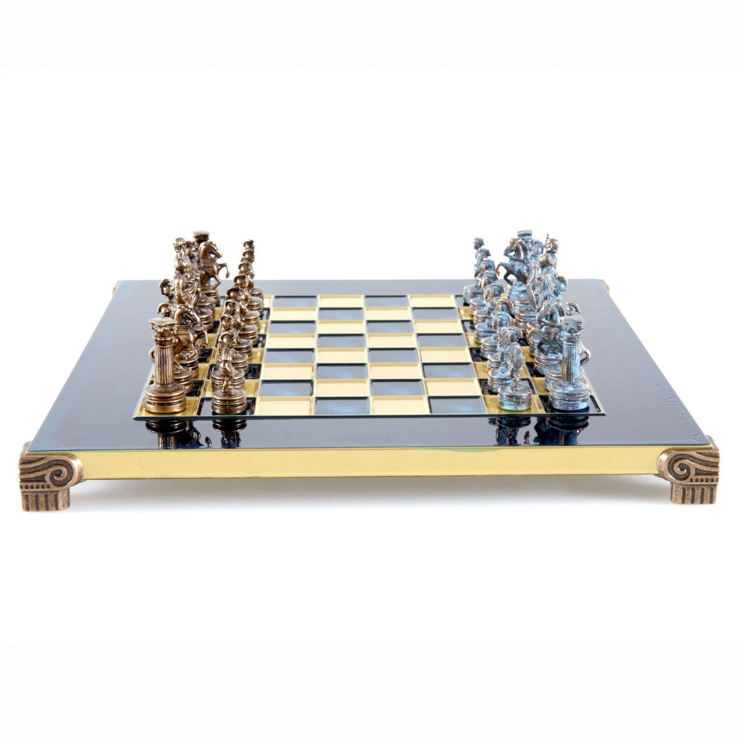 Ajedrez de latón 28 x 28 cm con grabado personalizado – Regalo exclusivo para ajedrecistas, acabado manual de alta calidad, color antiguo con tablero azul marino y dorado
