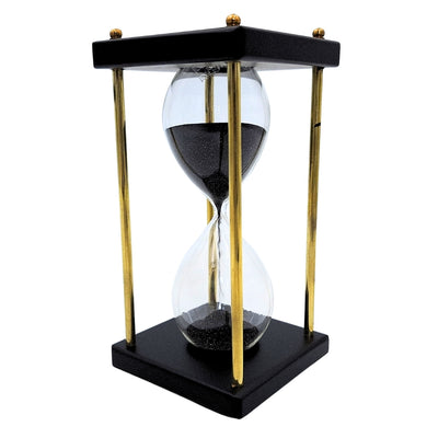 Reloj de arena de latón y madera de 5 minutos con arena negra con posibilidad de personalización con grabado – decoración retro elegante para regalo de 16 cm de altura