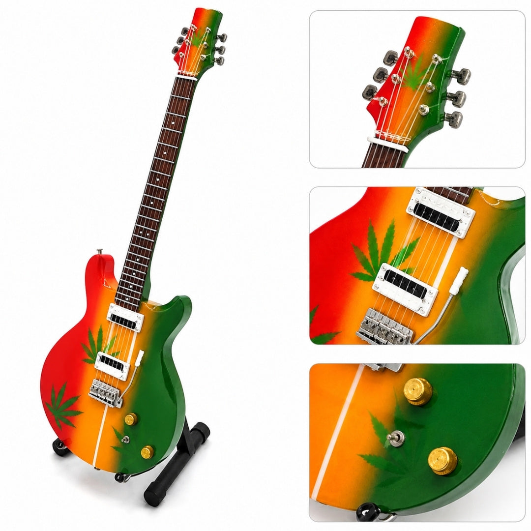 Mini guitarra Bob Marley Tribute Ganja MGT-0468 con posibilidad de grabado personalizado, regalo ideal para fans del reggae, hecha a mano en madera de caoba, altura 27,5 cm, colores amarillo, rojo, verde, blanco  