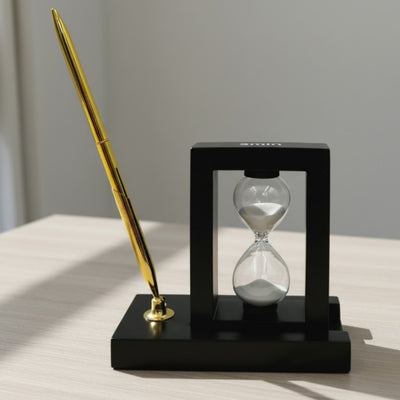 Set decorativo de escritorio con reloj de arena de 3 minutos y soporte para bolígrafo con grabado