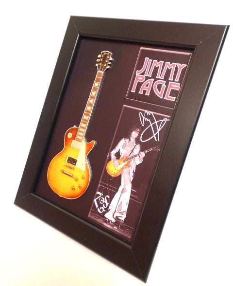 Mini guitarra estilo Jimmy Page con marco FMG-012, posibilidad de personalización con grabado, ideal para regalo, marco de madera 1,3 cm x 16 cm x 21,4 cm, mini guitarra de acero para colocar o colgar en la pared