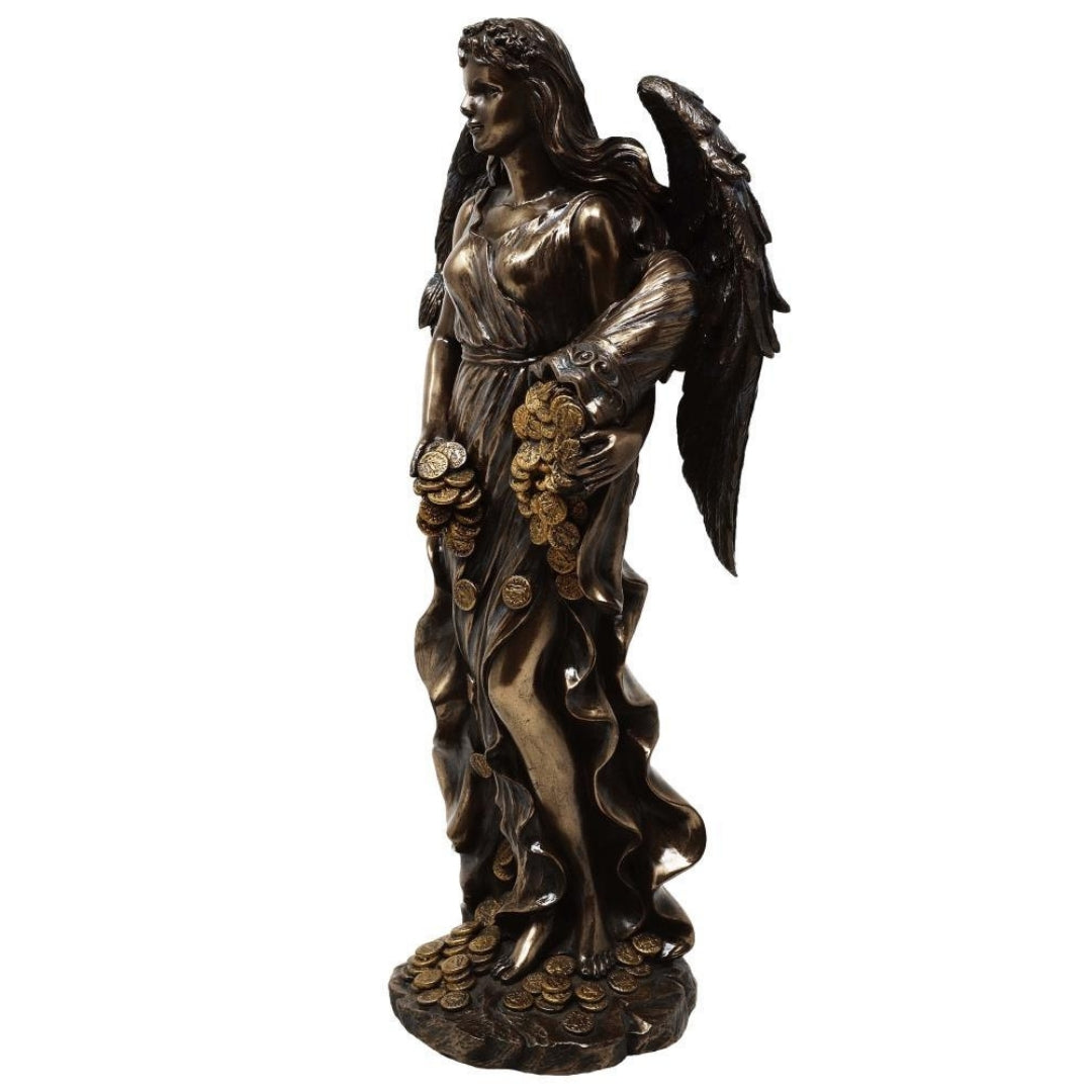 Figura de Fortuna, diosa de la suerte y la riqueza, 29 cm con cuerno de la abundancia - Grabado personalizado para regalo, elegante decoración de conglomerado de resina en tonos marrón y cobre