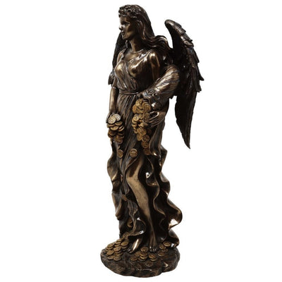 Figura de Fortuna, diosa de la suerte y la riqueza, 29 cm con cuerno de la abundancia - Grabado personalizado para regalo, elegante decoración de conglomerado de resina en tonos marrón y cobre