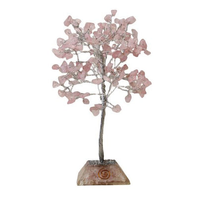 Árbol mágico de cristal de cuarzo rosa sobre base de orgonita