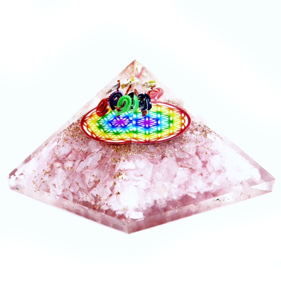 Pirámide de orgonita de cuarzo rosa con patrón arcoíris de la flor de la vida