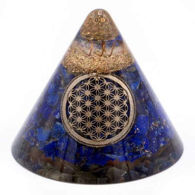 Cono de Orgonita Lapislázuli Flor de la Vida con Cuarzo Colgante - 90 mm, Azul-Dorado, Resina Vidriada y Virutas Metálicas