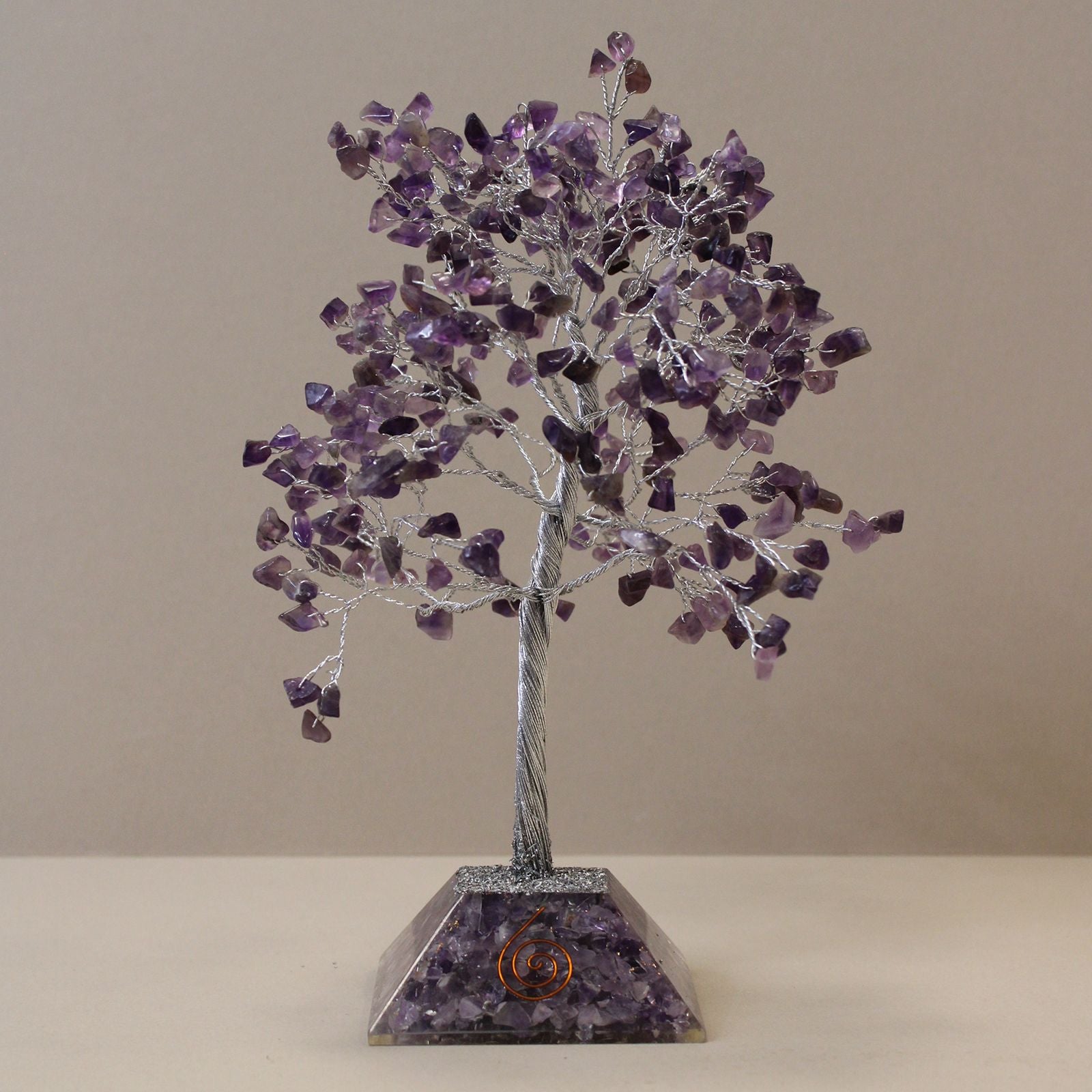 Árbol de la Suerte con Cristales de Amatista - 320 Piedras, Hojas Moradas, Base de Orgonita