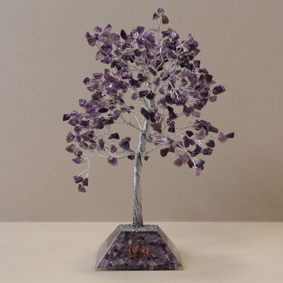 Árbol de la Suerte con Cristales de Amatista - 320 Piedras, Hojas Moradas, Base de Orgonita
