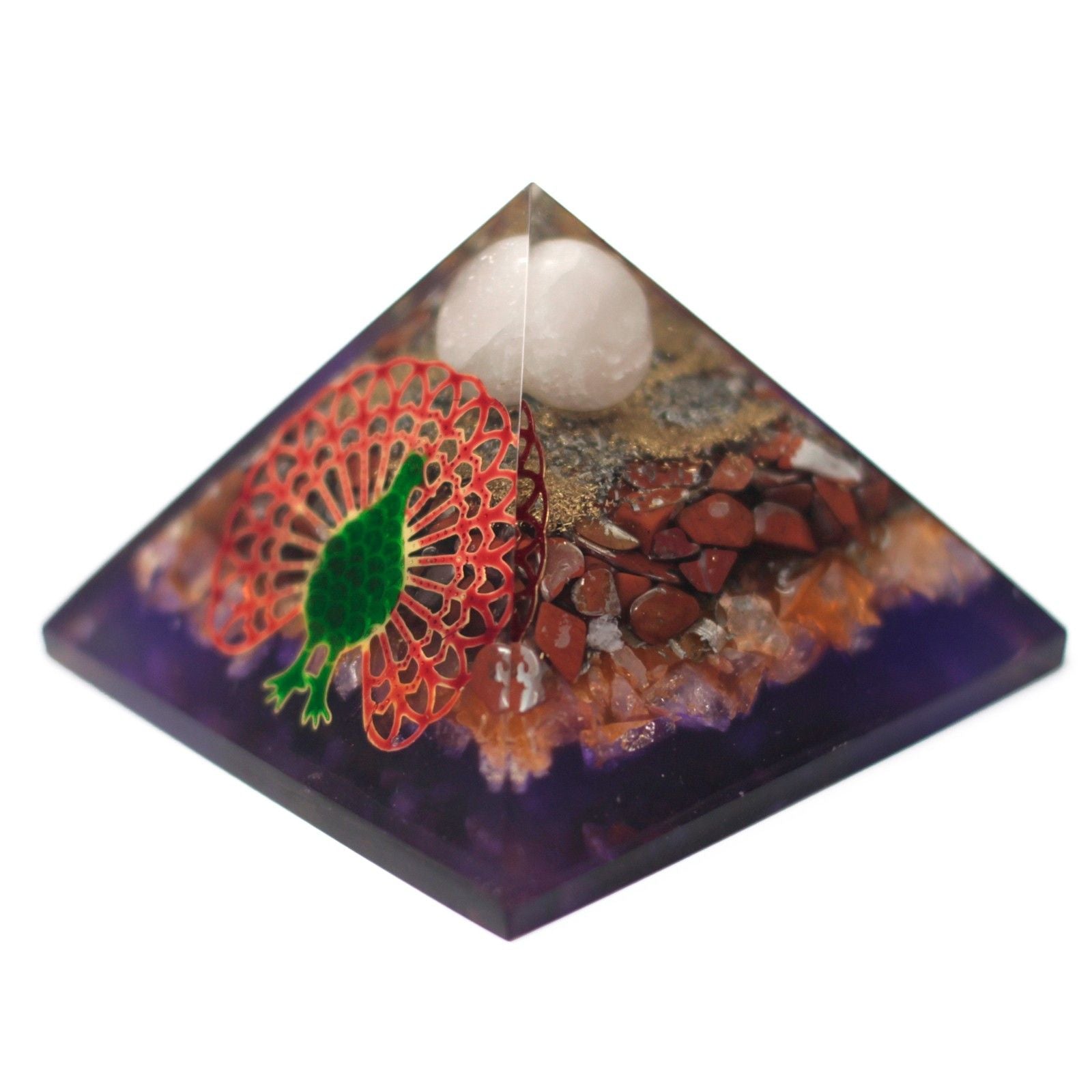 Pirámide de Orgonita 70 mm - Pavo Real en Diseño Multicolor con Piedras Preciosas y Cobre