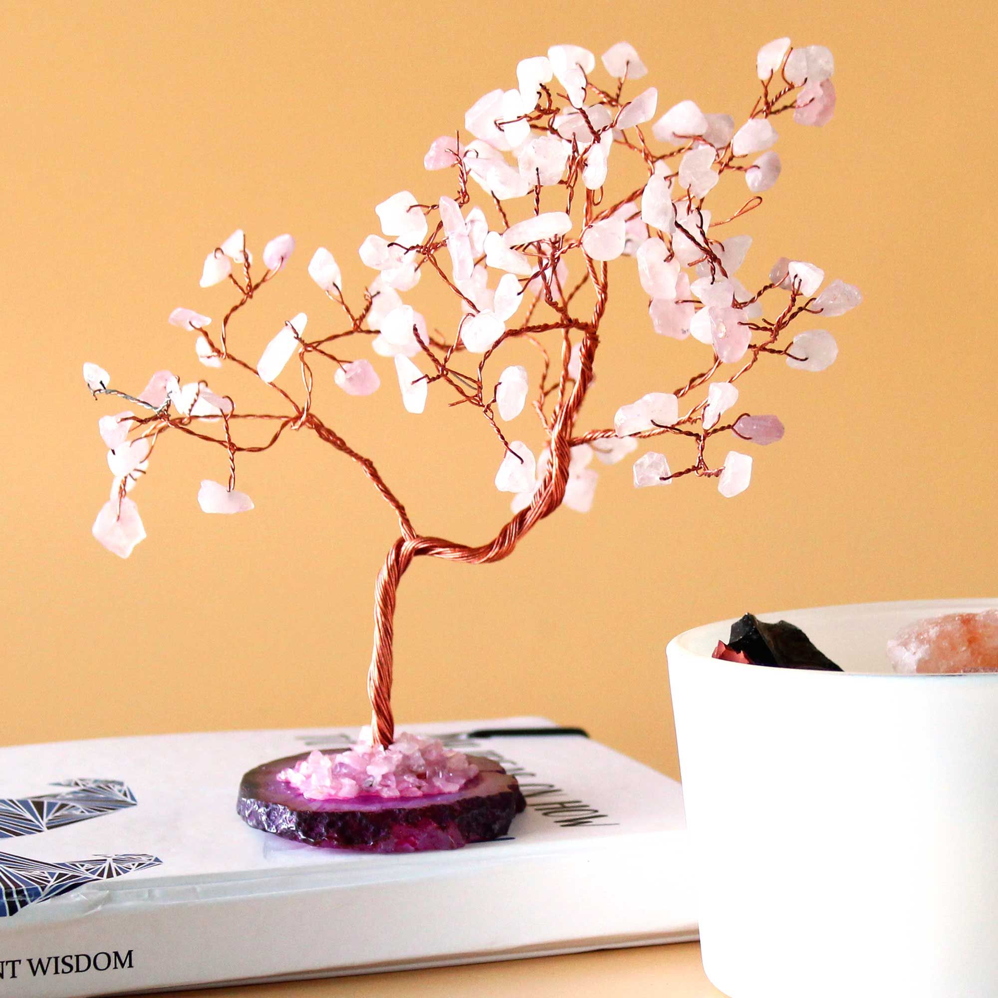 Árbol de Piedra de Cuarzo Rosa sobre Base de Ágata Rosa  