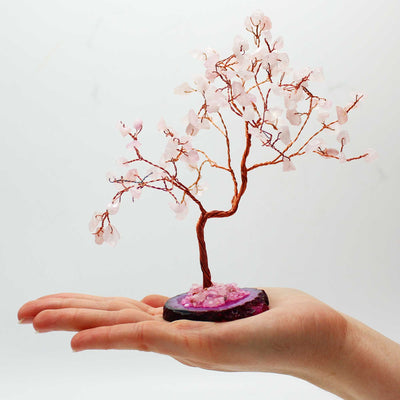 Árbol de Piedra de Cuarzo Rosa sobre Base de Ágata Rosa  