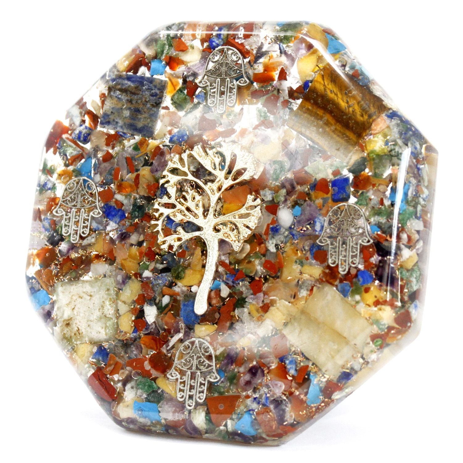 Paquete de Energía de Escritorio de Orgonita - Árbol de la Vida - Grande - Hecho a Mano con Piedras Preciosas y Cobre - Ideal para Regalo - Dimensiones 11 cm x 1,5 cm - Protección contra Contaminación Electromagnética - Símbolo de Armonía y Energía