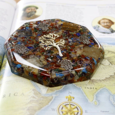 Paquete de Energía de Escritorio de Orgonita - Árbol de la Vida - Grande - Hecho a Mano con Piedras Preciosas y Cobre - Ideal para Regalo - Dimensiones 11 cm x 1,5 cm - Protección contra Contaminación Electromagnética - Símbolo de Armonía y Energía