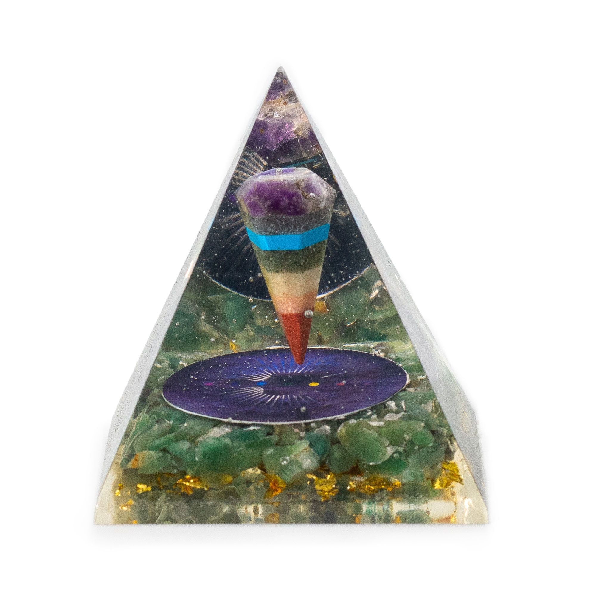 Pirámide Mediana de Orgonita con Péndulo y Chips Verdes de Aventurina 7x6 cm