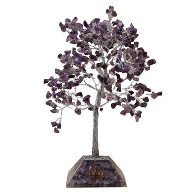 Árbol de la Suerte con Cristales de Amatista - 320 Piedras, Hojas Moradas, Base de Orgonita