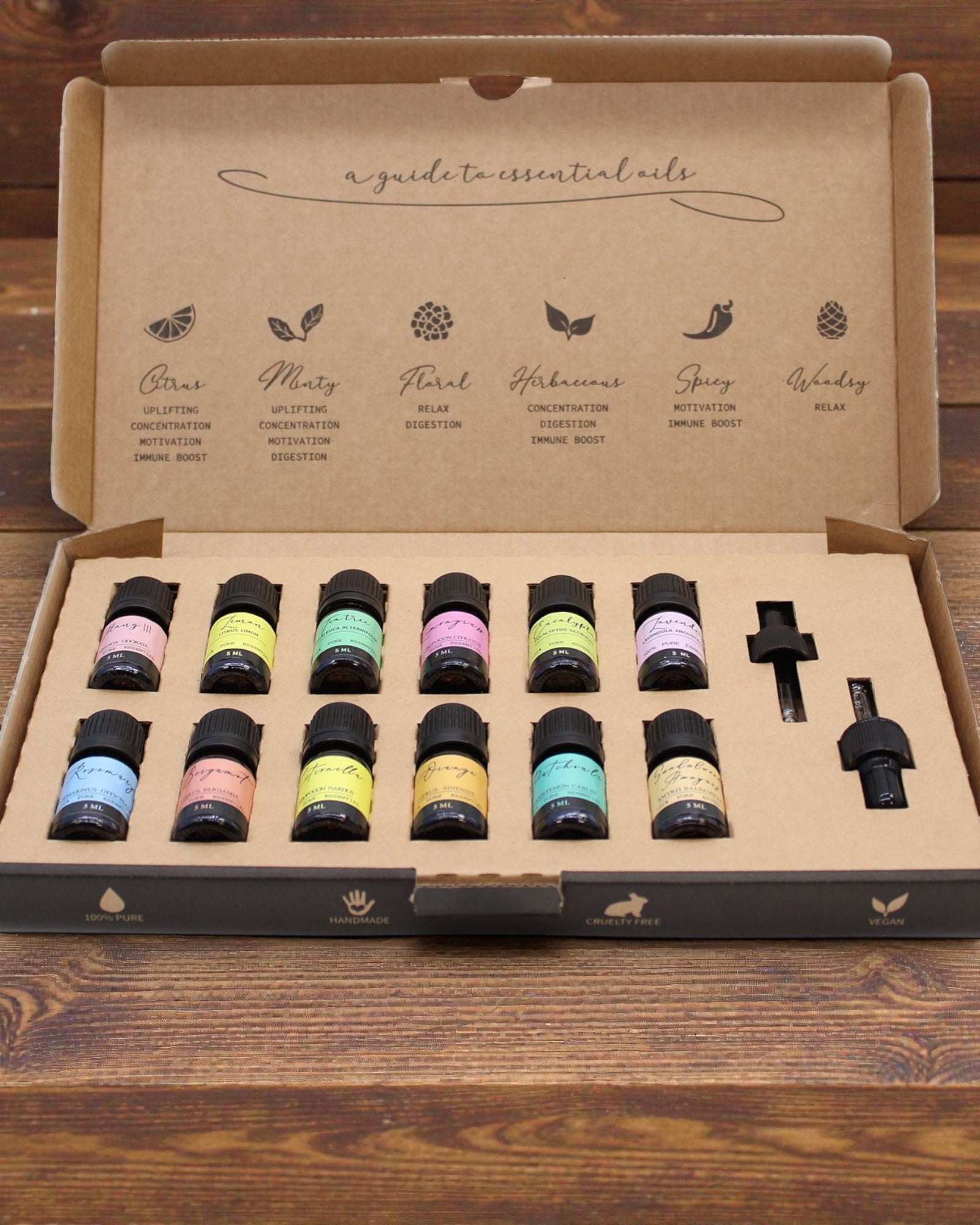 Esencia del Mundo – Lujoso conjunto de 12 aceites esenciales 5 ml más populares con cuentagotas